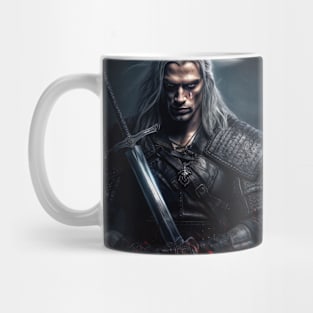 Witcher with sword on dark background Mug